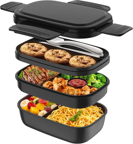 Miniatura 10 de HOMETALL - Lonchera bento apilable para niños y adultos, gran capacidad de 1900ml, contenedores de almuerzo a prueba de fugas con juego de cubiertos
