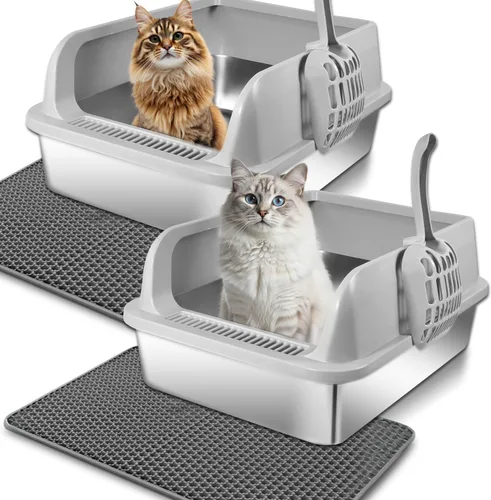 Miniatura 8 de Caja de arena para gatos de acero inoxidable, caja de arena de pared alta para gatos pequeños, caja de arena de metal con tapa, antiadherente