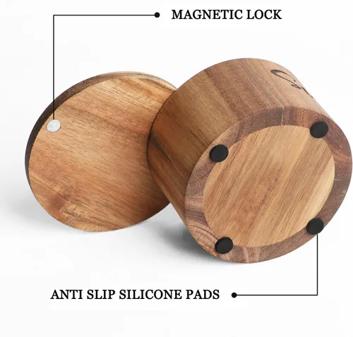 Miniatura 5 de Caja de especias de madera de acacia con cubierta giratoria para encimera de cocina, conservador de sal con cuchara integrada, moderno decorador