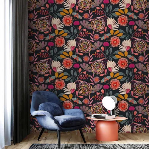 Miniatura 2 de Papel tapiz floral para despegar y pegar, extraíble, impermeable, azul marino/rosa/naranja, papel de contacto para dormitorio, baño, pared