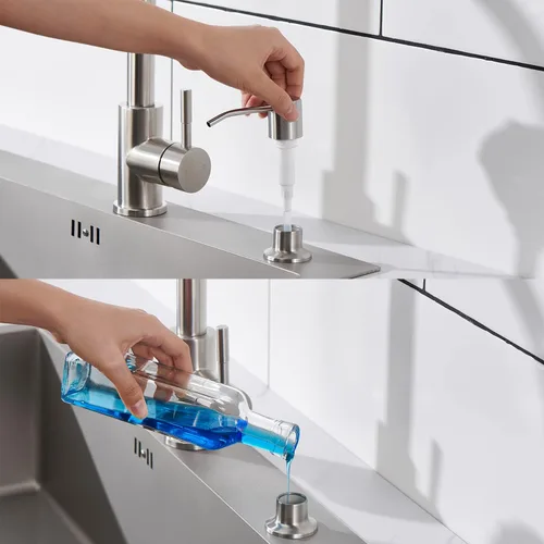 Miniatura 4 de Dispensador de jabón para fregadero de níquel cepillado, dispensador de jabón para fregadero de cocina de acero inoxidable con recarga desde arriba