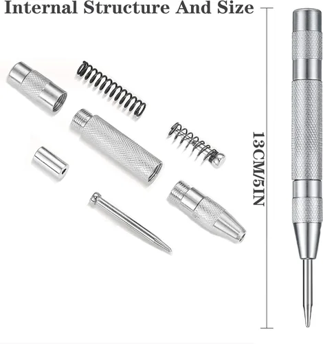 Miniatura 3 de 2 piezas perforadoras automáticas de metal de resorte ajustable con impacto ajustable para ventanas de vidrio de metal de madera, etc., plateadas