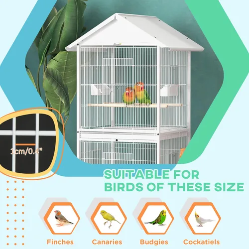 Miniatura 5 de PawHut Comedero de jaula de pájaros de metal forjado con soporte rodante, posaderas, contenedores de alimentos, puertas, ruedas, 67 pulgadas