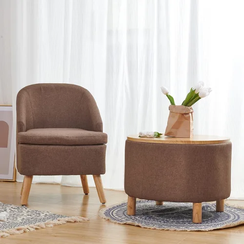 Miniatura 5 de SIMPLEOPULENCE - Silla de barril decorativa para sala de estar, silla de club tapizada de tela moderna con respaldo curvado y patas de madera Marrón
