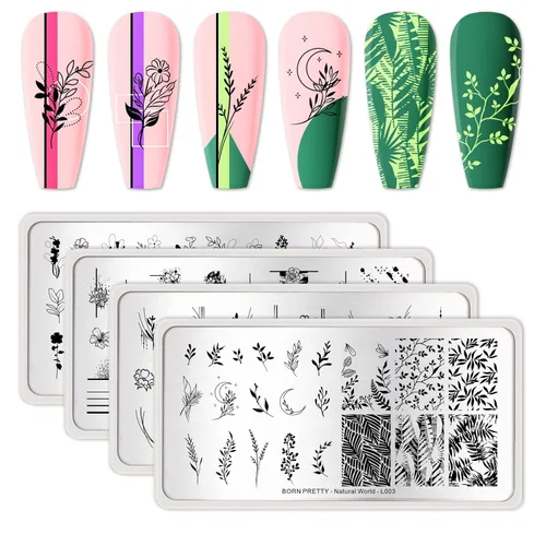 Miniatura 17 de Born Pretty Juego de placas de estampado de uñas, flores a cuadros, hojas, encaje, placas de imagen de arte de uñas de primavera a invierno, kit
