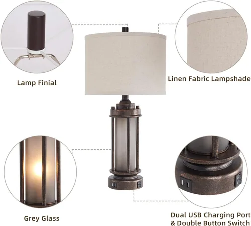 Miniatura 5 de Lámpara de mesa de granja de 25 pulgadas con 2 puertos de carga USB, lámpara de mesita de noche rústica vintage con luz nocturna de vidrio