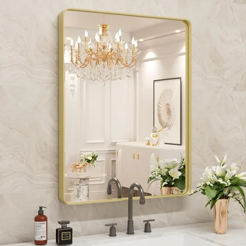 WEER - Espejo de baño dorado, espejo de marco de metal dorado cepillado de 24x36 pulgadas, espejo de baño de tocador dorado de forma rectangular