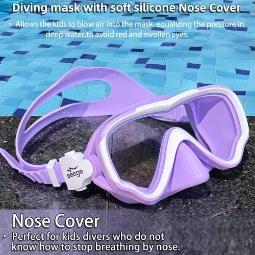 Miniatura 6 de Seago Gafas de natación para niños, máscara de buceo para jóvenes (5-15), antivaho 180° visión clara Púrpura y blanco