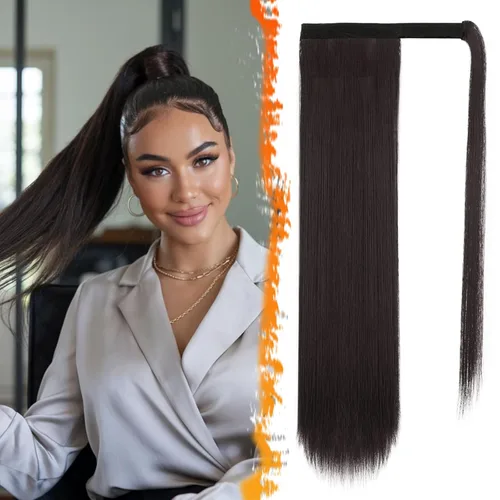 Miniatura 54 de BARSDAR Extensión de cola de caballo de 28 pulgadas largo recto envoltura alrededor del clip en pelo de fibra sintética para mujeres, negro