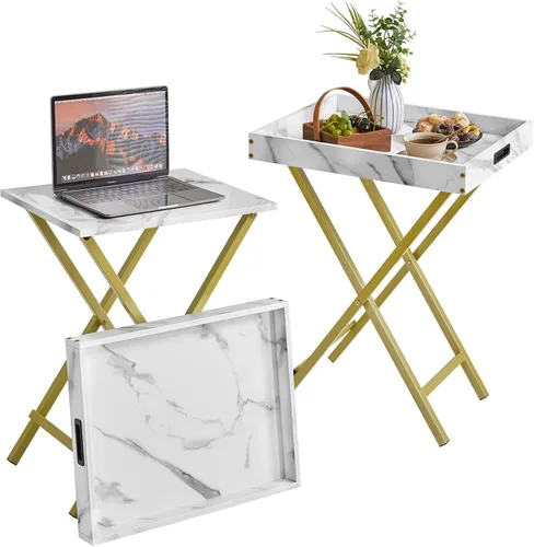 IBUYKE Juego de 2 bandejas plegables para TV, mesa auxiliar con bandeja extraíble para servir alimentos, mesa portátil de madera para sala de estar,