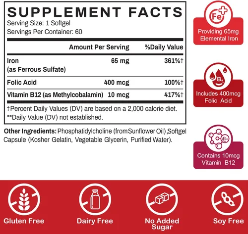 Miniatura 2 de Suplemento liposomal de hierro Fe para mujeres, suplemento de hierro de 65 mg con ácido fólico y vitamina B12 para hombres, apoyo diario de sangre