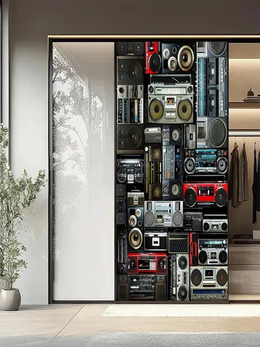 Miniatura 3 de artfanke Adhesivo 3D para puerta, 33.5 x 84.6 pulgadas, papel tapiz autoadhesivo impermeable, mural para puerta, póster vintage de radio Boombox