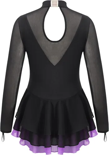 Miniatura 15 de Loyan Vestido de patinaje artístico brillante para niñas y niñas, de malla, de manga larga, patinaje sobre ruedas, competición de baile