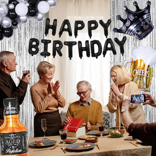 Miniatura 4 de Globos de cumpleaños negros y plateados para hombres y mujeres, decoraciones de feliz cumpleaños para niños, pancarta de globos de feliz cumpleaños