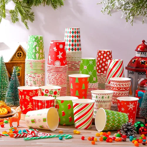 Miniatura 5 de Umigy 100 vasos de papel de Navidad a granel desechables de 9 onzas, tazas de café de chocolate caliente, medias de árbol de Navidad, pan