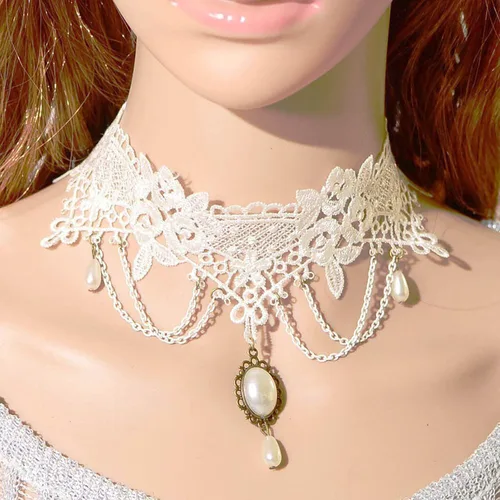 Miniatura 6 de YienDoo Gargantilla de encaje vintage con patrón de encaje gótico blanco, collar punk con borla y cuentas de perlas, gargantilla de princesa