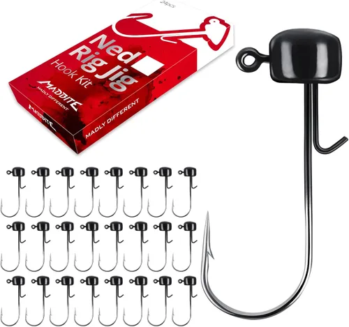 MadBite by KastKing Ned Rig Jig Heads for Soft Fishing Lures, 24-Pack Finesse Standard Mushroom Stand-up Ned Heads Kit, Needle Point Saltwater &