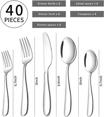 Miniatura 2 de Juego de cubiertos de 40 piezas para 8, cubiertos de acero inoxidable, utensilios de cocina, incluye cuchara, tenedor y cuchillo para el hogar, apto