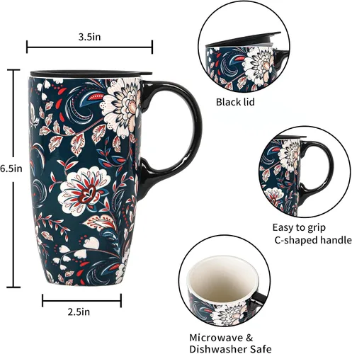Miniatura 5 de Topadorn Taza de Café de Cerámica de Porcelana Latte Taza de Té con Tapa y Caja de Regalo 17oz, Flor Azul