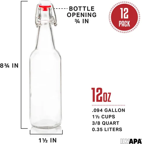 Miniatura 2 de Ilyapa Botellas de cerveza de vidrio transparente de 12 onzas para elaboración casera - Paquete de 12 con tapas abatibles para embotellado de cerveza
