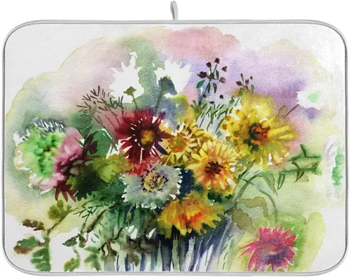 Miniatura 10 de Tapete de secado de platos de flores de fondo negro para encimera de cocina de 18 x 24 pulgadas, tapete de microfibra absorbente, tapete de secado