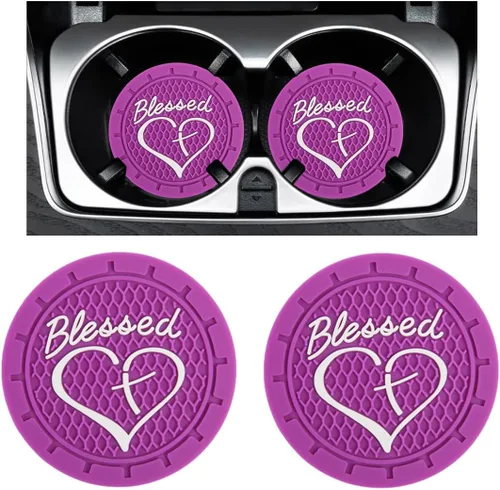 Miniatura 10 de Augeny 2PCS Posavasos para Portavasos de Coche, Posavasos de Inserción de PVC Antideslizantes, 2.76 Pulgadas Cruz Bendecida y Corazón Cristiano