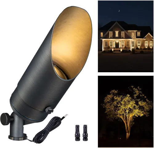 Gardenreet Focos de paisaje de latón de bajo voltaje, luz LED para exteriores de 12 V, luces con cable IP65 impermeables, bronce antiguo para