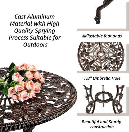 Miniatura 4 de Juego de mesa bistró de 3 piezas, aluminio fundido resistente al óxido con agujero para paraguas, talla de rosa y bronce antiguo, mesa y sillas