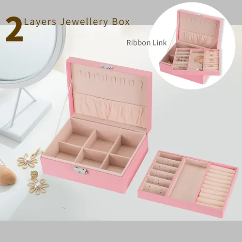 Miniatura 2 de Smileshe Joyero para mujeres y niñas, organizador de piel sintética con cerradura, 2 capas extraíbles de almacenamiento de viaje para anillos