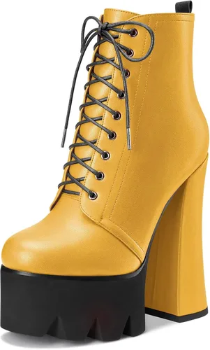 Miniatura 14 de HDEUOLM Botas de tobillo con tacón alto de bloque grueso para mujer, puntera redonda, botines cortos con cordones y cremallera, zapatos clásicos