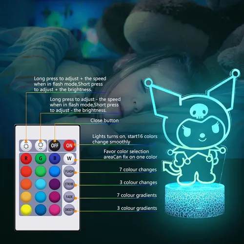 Miniatura 6 de Lámpara de mesa de noche de 16 colores con ilusión 3D, lámpara LED con control táctil y remoto, lámpara LED de anime kawaii, lámpara de escritorio