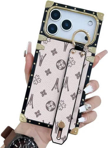 Miniatura 9 de Funda rectangular de cuero compatible con 11 con correa para muñeca, funda de diseñador de lujo para mujeres y niñas, funda protectora con soporte