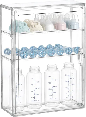 HBlife Baby Bottle Storage Organizer for Countertop Cabinet, 3 Tiers Adjustable Clear Acrylic Bottles Storage Station Case Box Container with 2