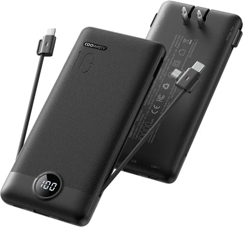 Cargador Portátil con Enchufe de Pared, Banco de Energía USB C Delgado con Cables Integrados, Paquete de Batería Externa con Pantalla LED de