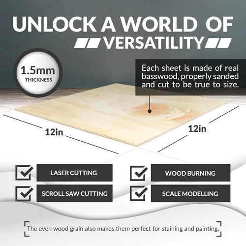 Miniatura 4 de Hojas de Tilo para Manualidades - Paquete de 10 - 12 x 12 x 1/16 Pulgadas - 1.5mm de Grosor Hojas de Madera Contrachapada con Superficies Lisas