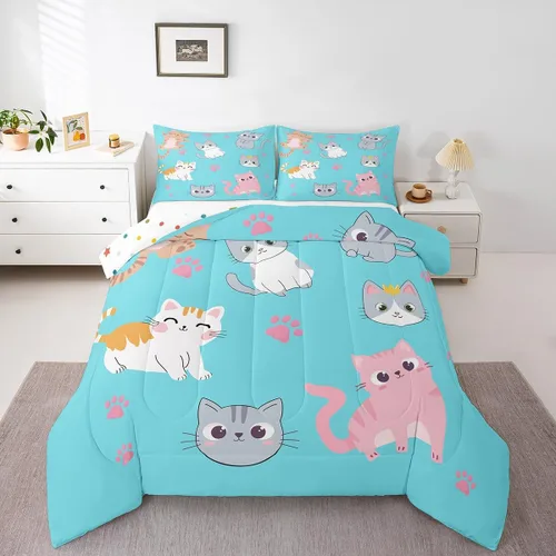 Miniatura 41 de Erosebridal Juego de ropa de cama para niños, tamaño individual, diseño de gatos de dibujos animados, para niñas, niños y adolescentes, edredón