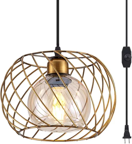 YLONG-ZS Lámparas colgantes de vidrio pequeñas doradas, iluminación colgante regulable enchufable para dormitorio y sala de estar, cable de 16 pies,