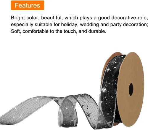 Miniatura 3 de MECCANIXITY Cinta transparente de organza de estrella de 1 pulgada y 20 yardas, cinta de hilo de nieve brillante negra para envolver regalos, caja
