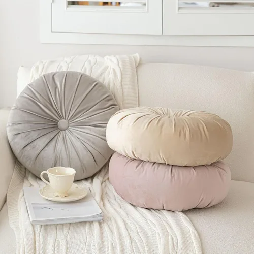 Miniatura 5 de MOJUN Almohada redonda de terciopelo de color liso, almohada de piso de calabaza, decoración del hogar, cojín redondo plisado para sofá, silla, cama