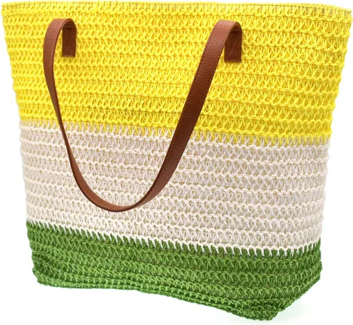 Miniatura 29 de Bolso grande de paja para mujer, tejido de ratán, bolso de playa de verano, a rayas