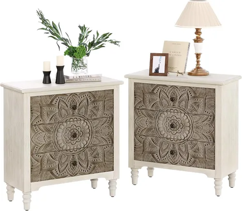 Miniatura 14 de COSIEST Mesita de noche vintage de 2 piezas, mesa de noche MDF de 2 niveles, mesa auxiliar de madera con cajón de almacenamiento y estante abierto