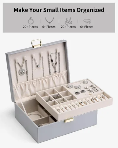 Miniatura 5 de Vlando - Joyero de 2 capas, joyero organizador grande para mujeres, bandeja de joyería removible para collares, aretes, anillos, pulseras, joyeros