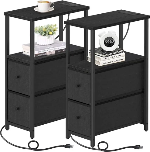 Miniatura 15 de TUTOTAK Mesa auxiliar pequeña y estrecha con LED y estación de carga, mesa lateral con tomas de corriente, mesita de noche con 2 cajones de tela