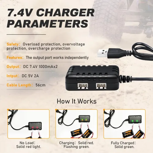 Miniatura 6 de Batería SCX24 7.4V 1200mAh Lipo Batería 2S 35C (Burst 70C) con PH2.0 JST Plug con 1TO2 Cargador USB apto para SCX24 RC Car WLtoys A949 A959 A969