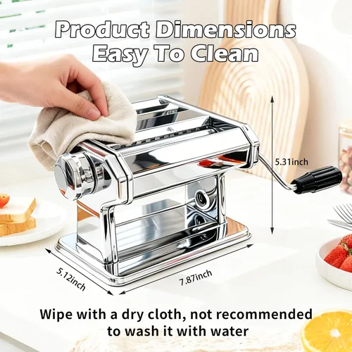 Miniatura 3 de Máquina para hacer pasta con 7 ajustes de grosor ajustable, máquina manual de fideos de acero inoxidable, rodillo y cortadores de pasta con mango