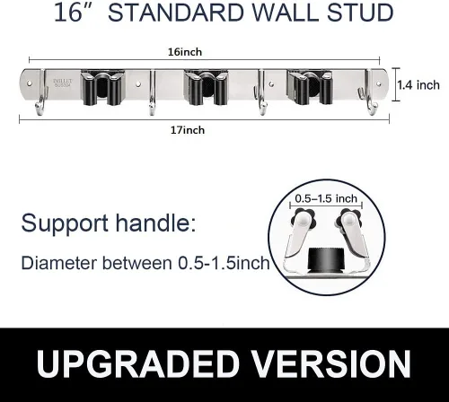 Miniatura 4 de IMILLET Soporte para escoba y fregona montado en la pared, soporte para escoba de acero inoxidable, soporte para fregona, organizador de 3 estantes