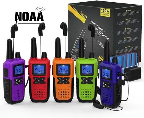 Topsung Walkie Talkies para adultos de largo alcance recargable con auricular NOAA alerta meteorológica, radio multiusos de 2 vías, paquete de 5