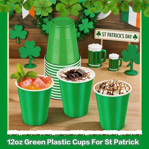 Miniatura 2 de Paquete de 100 Vasos de Plástico Verdes de 12 oz, Vasos Desechables para Fiestas, Vasos Resistentes para Beber, Vasos de Navidad para Bodas