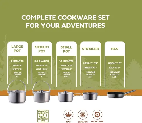 Miniatura 3 de Juego de utensilios de cocina de acero inoxidable 304 de 8 piezas para ollas y sartenes, kit de cocina de fuego abierto Sartén vaporera con bolsa