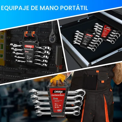Miniatura 7 de DISEN Juego de 10 llaves de trinquete SAE y métricas con organizador de estante, acero CR-v premium, 12 puntos, 72 dientes, extremo de caja